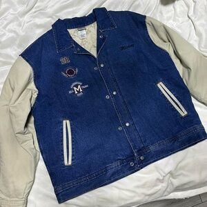 RARE Vintage 90s Disney Mickey Mouse Embroidered Blue Denim Varsity Jacket